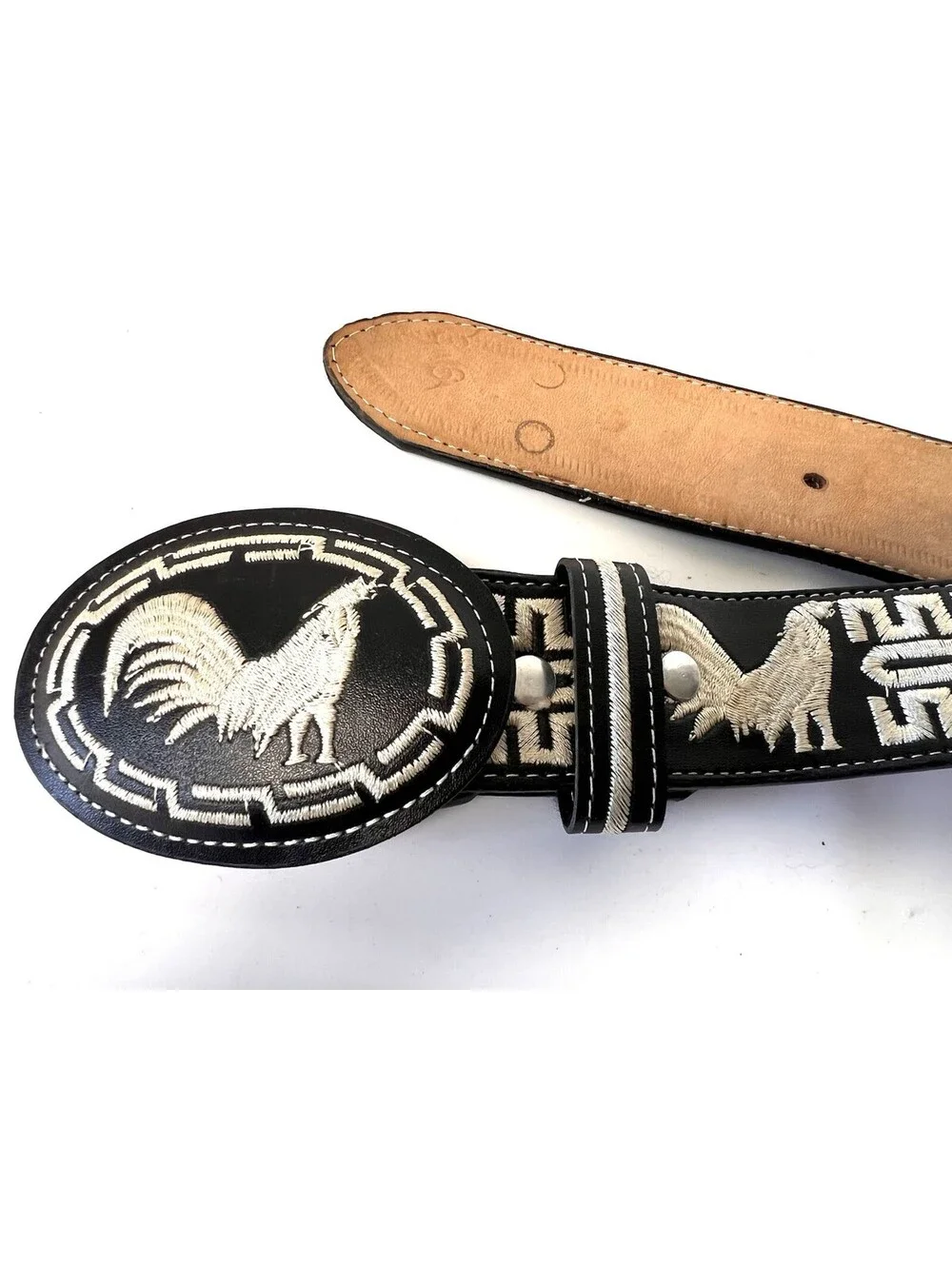 Men's Mexican Piteado Embroidery Belt 100% Leather Western Cowboy Rooster Black